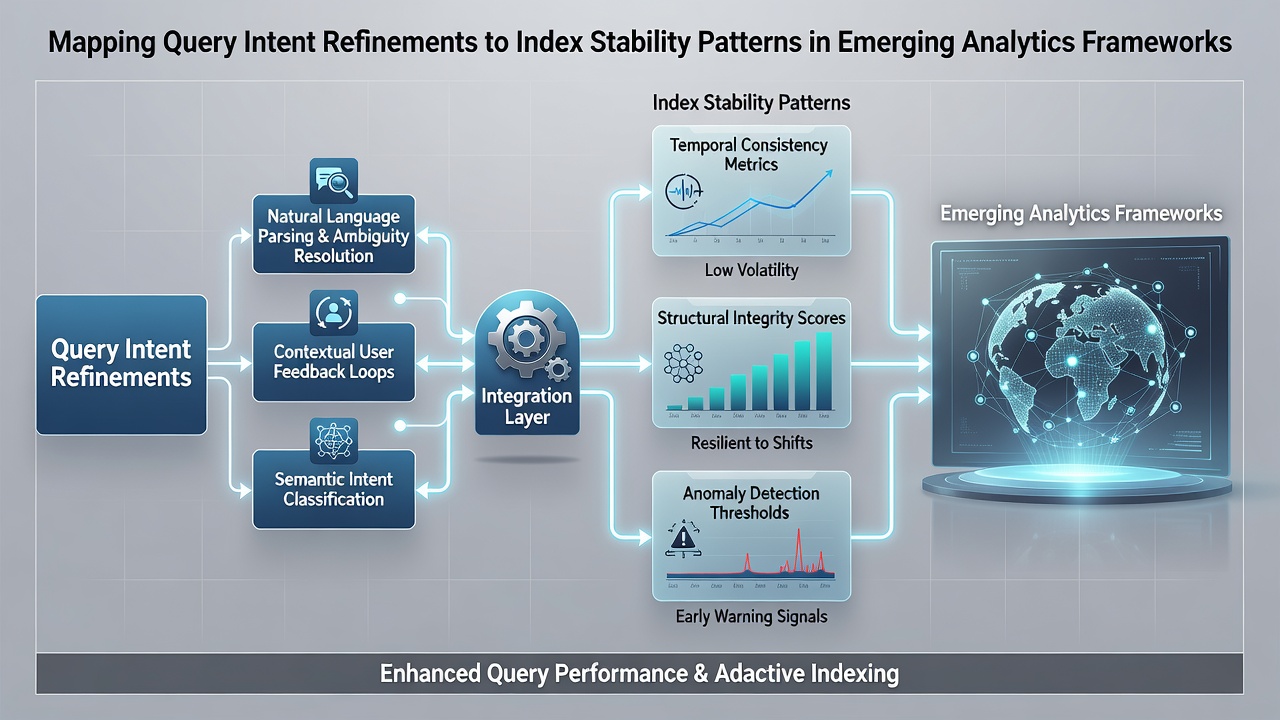 Analytics interface displaying index stability heatmaps linked to query intent clusters