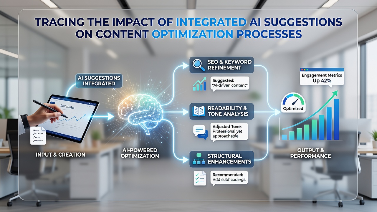 Detailed view of content editing interface with AI suggestion highlights and performance graphs
